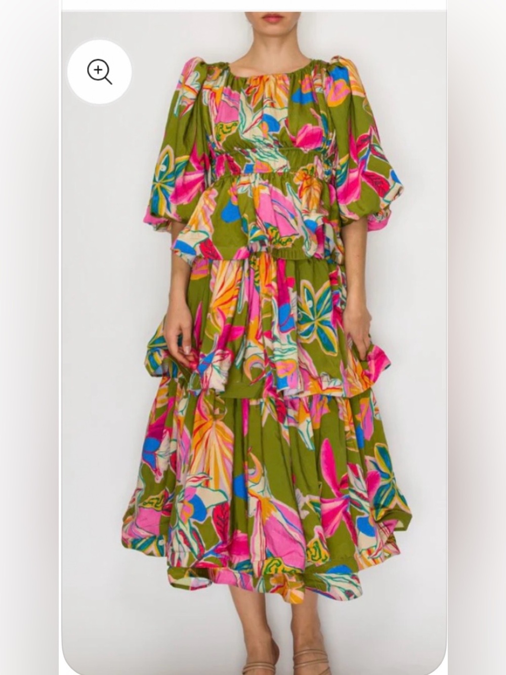 Olive Green Floral Tiered Maxi Dress with Pink & Blue Prints